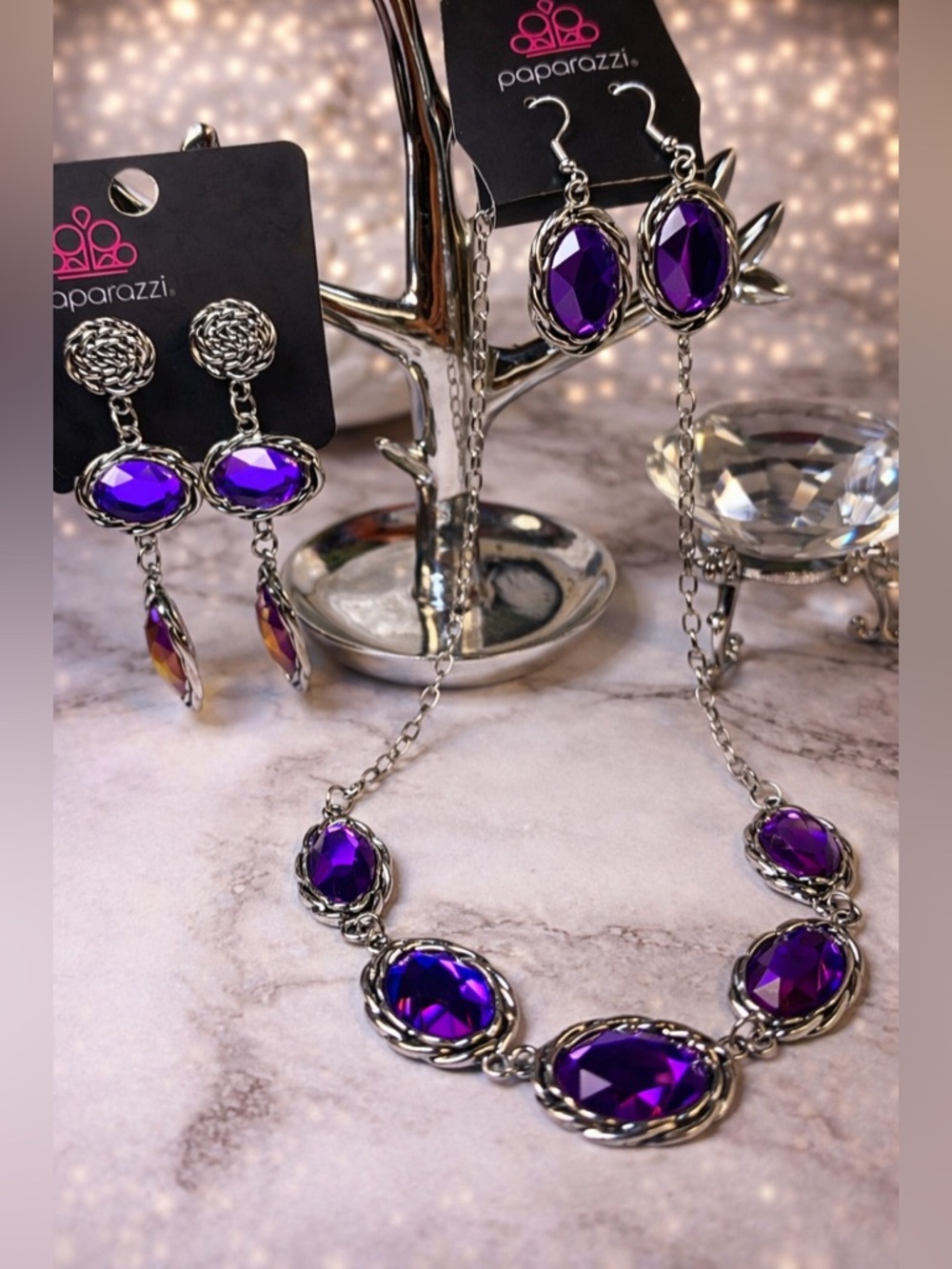 paparazzi Purple Faceted Gemstone Necklace and Earring Set